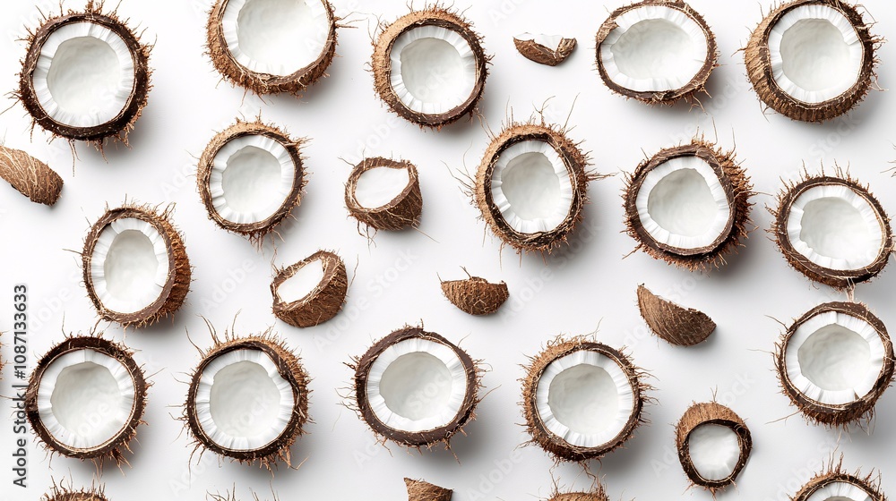 Poster isolated on white background a collection of fresh coconut halves with their white flesh visible arr