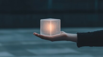 A person is holding a cube with a light inside of it