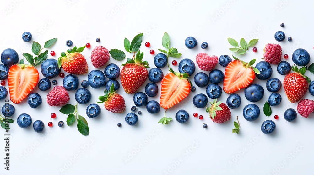 Poster Isolated on white background a neat display of fresh strawberries and blueberries spread across naturally with side empty space for text Stockphoto style