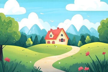 Fototapeta premium Beautiful autumn mountain landscape. Vector illustration. winter Vector art style landscape. Sunset in mountains illustration, nature, vector, background, hill, sky, mountain, tree, environment,