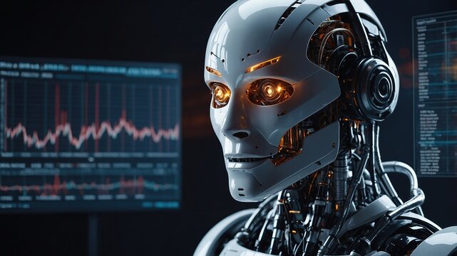 robot with artificial intelligence shows graphs and diagrams, analytics
