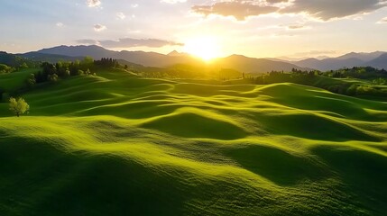 Obraz premium Breathtaking Rolling Green Hills Under a Glowing Sunset with Scattered Clouds