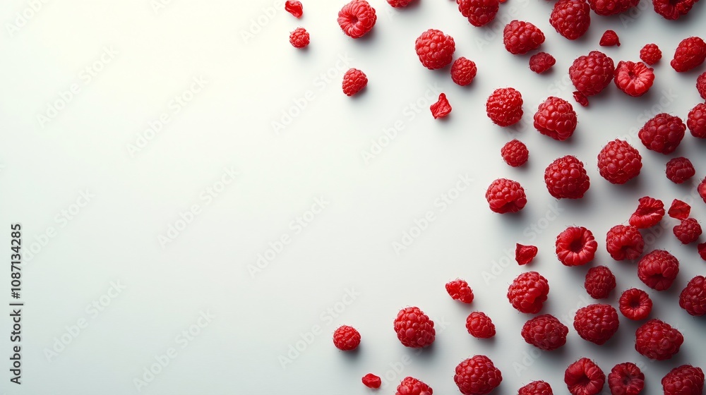 Poster isolated on white background a bunch of fresh red raspberries scattered lightly across with side emp