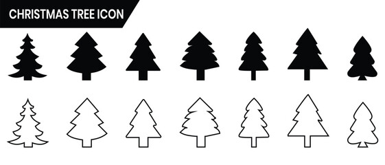 Christmas trees icon, vector set. Set of black Christmas tree icons silhouette design. Pine tree icon, vector, silhouette set. Pine, Christmas tree line icon. Tree vector illustration.