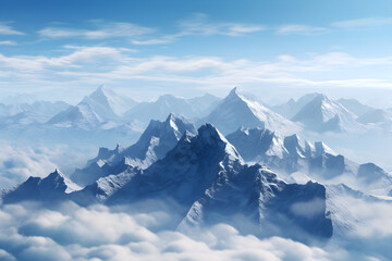 Obraz premium Breathtaking snowy mountain peaks above the clouds, nature landscape.