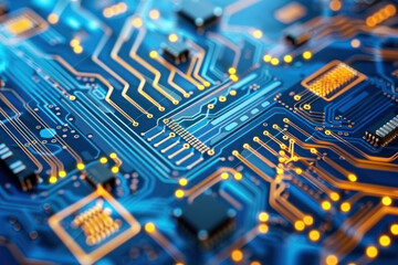 Intricate gold circuitry winds across a rich blue substrate