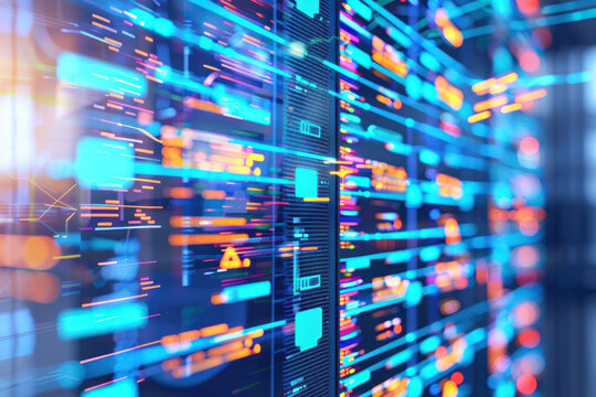 A close-up view of a server rack, filled with illuminated screens displaying rapidly scrolling lines of code