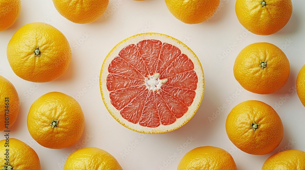 Poster isolated on white background a halved bright red grapefruit with its juicy interior surrounded by wh