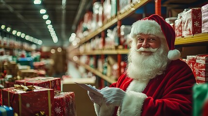 Santa Claus Checking His List in a Warehouse Full of Gifts
