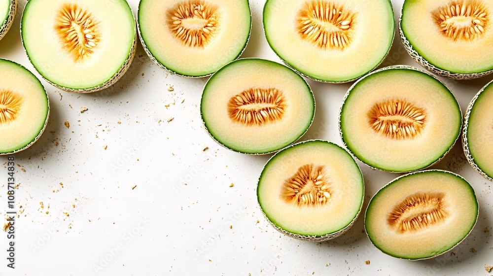 Poster Isolated on white background a minimalist presentation of fresh green and yellow melons with one halved showing the seeded interior with side empty space for text Stockphoto style
