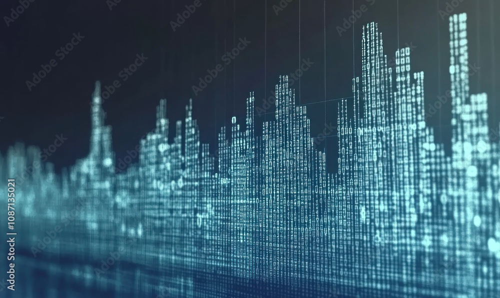 Poster digital skyscrapers pulse with light, their structures formed by countless lines of code