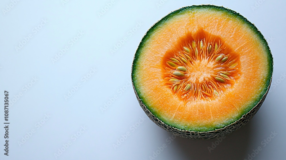 Poster Isolated on white background a minimalist presentation of fresh green and yellow melons with one halved showing the seeded interior with side empty space for text Stockphoto style
