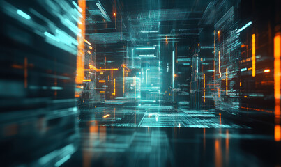 An abstract digital environment glows with vibrant teal and orange hues