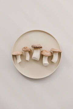 Five king oyster mushrooms on a beige plate.