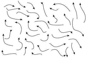 Hand drawn arrow vector set. Hand drawn line doodle arrow, curve arrow icon vector set. Vector illustration.