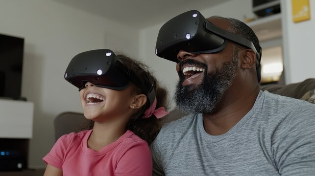 Father and daughter share laughter in a cozy living room while engaged in immersive virtual reality play.