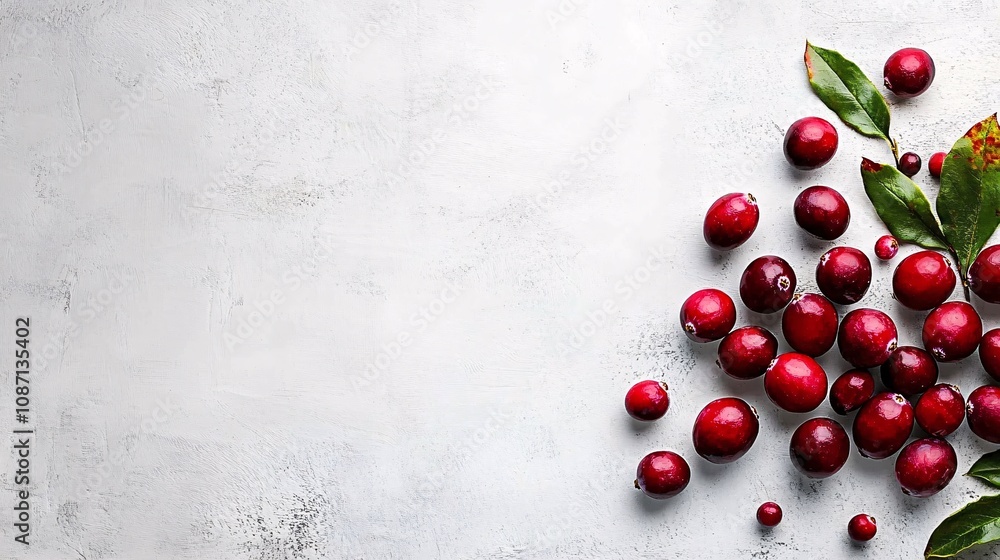 Poster Isolated on white background a rustic arrangement of fresh cranberries with leaves scattered evenly with side empty space for text Stockphoto style
