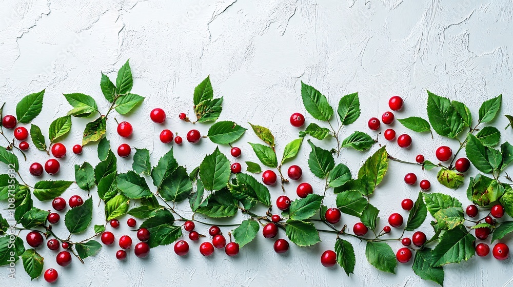 Poster Isolated on white background a rustic arrangement of fresh cranberries with leaves scattered evenly with side empty space for text Stockphoto style