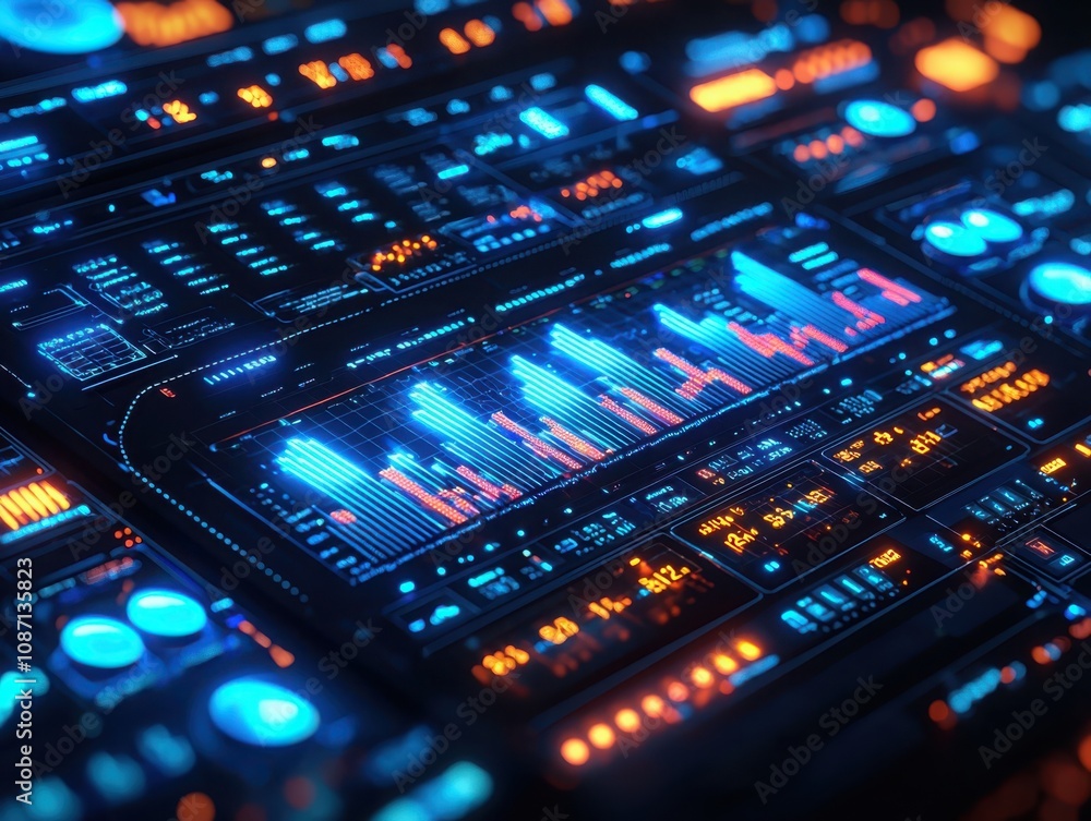 Poster analyzing market trends dynamic indicators on a blue glowing interface digital workspace data visual