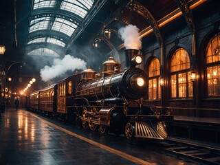 A steampunk train station with glowing lanterns, intricate metalwork, vintage aesthetics, and a misty ambiance, blending industrial and retro-futuristic vibes