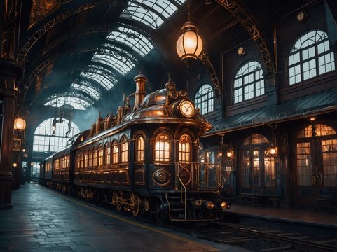A steampunk train station with glowing lanterns, intricate metalwork, vintage aesthetics, and a misty ambiance, blending industrial and retro-futuristic vibes