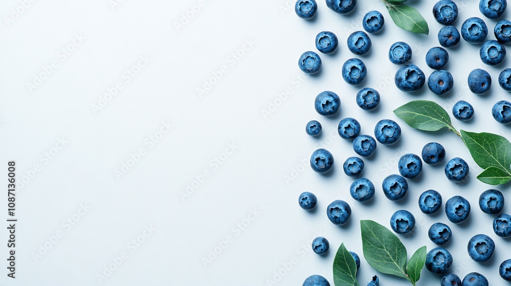 Poster Isolated on white background a casual scattering of fresh blueberries in varying sizes spread naturally with side empty space for text Stockphoto style