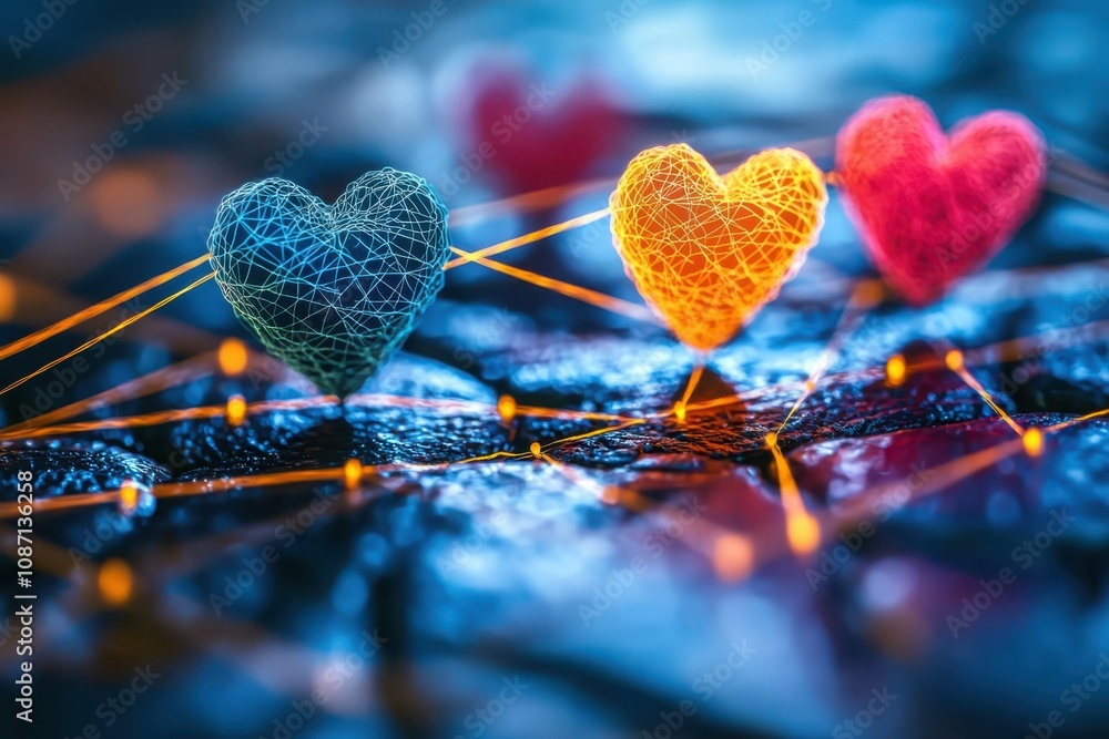 Poster connecting colorful abstract hearts artistic display digital art abstract environment close-up view 