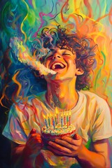 Joyful Youth Blowing Out Birthday Cake Candles