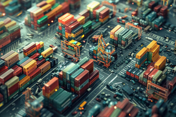 Obraz premium Millions of shipping containers of varied colors crowd a miniature city port, logistics concept