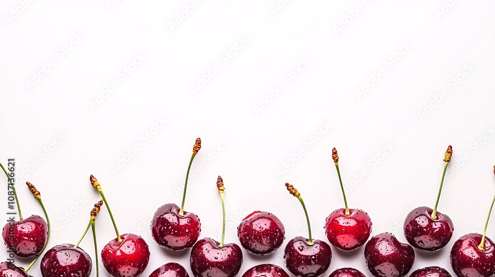 Poster Isolated on white background a grouping of freshly picked cherries with their vibrant red skins and long green stems with side empty space for text Stockphoto style