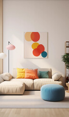 Modern Living Room Interior Beige Sectional Sofa Colorful Pillows Abstract Art