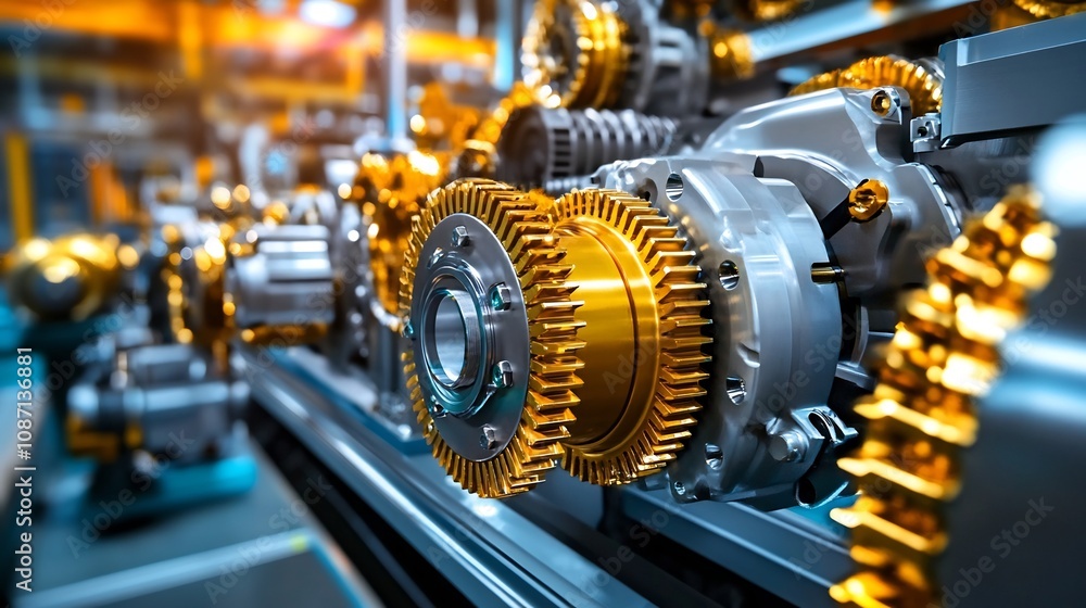 Poster gears and parts moving on industrial assembly line in factory automation