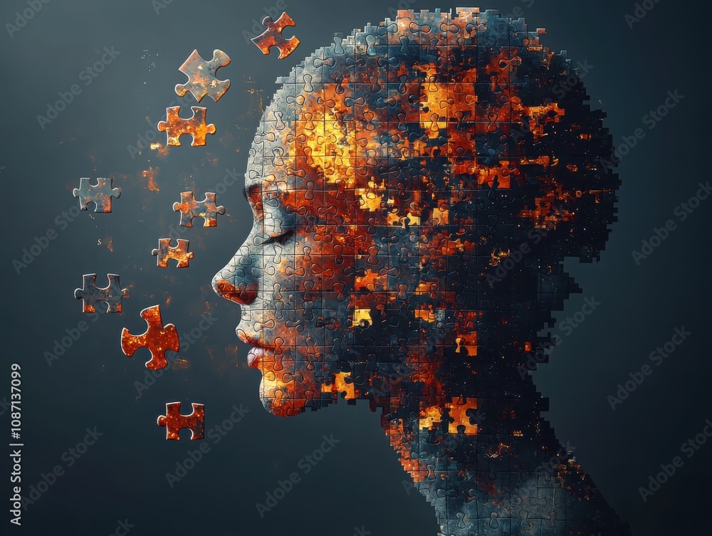 Poster disassembling abstract human profile puzzle digital art conceptual space surreal environment side vi