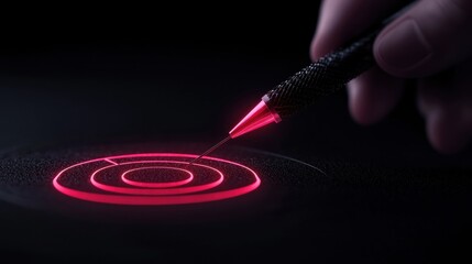 A person is drawing a red circle on a black background with a red pen