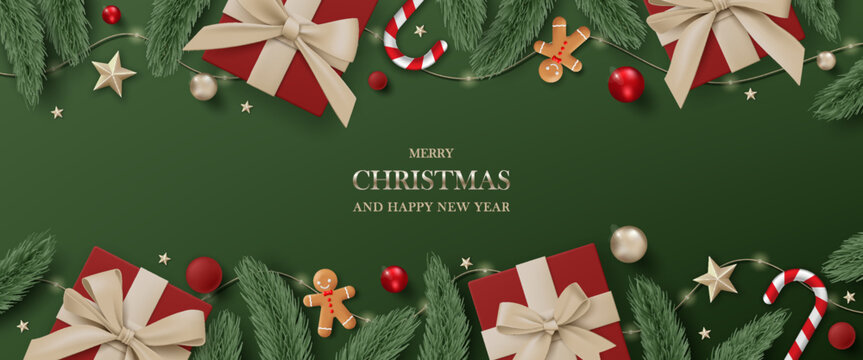 3D Merry Christmas luxury banner top view green background. Happy new year holiday realistic greeting card with gold gift box, decoration, red ball, pine leaves, lights garland and green tree branches