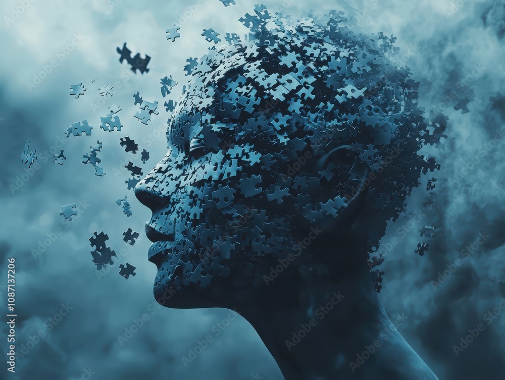 Poster exploring the disassembled puzzle of human identity abstract profile art in conceptual environment