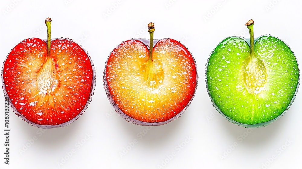 Poster isolated on white background a trio of halved and whole red and green plums with their juicy golden 