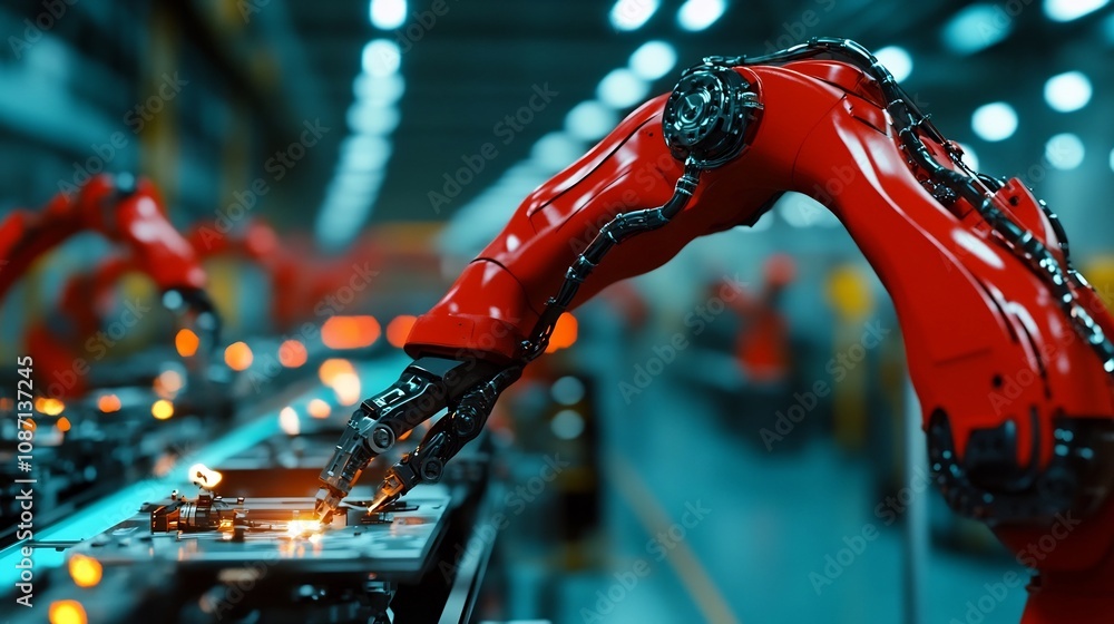 Poster robotic arms assembling products on factory floor with automation and high-tech manufacturing