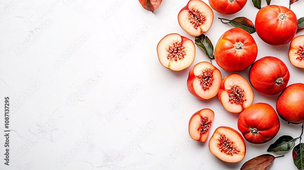 Poster isolated on white background a bright orange persimmon some sliced to reveal their vibrant flesh wit
