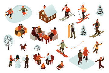 Set of isometric vector illustrations of people engaged in fun winter activities such as sledding, ice skating, building snowmen, and having snowball fights.