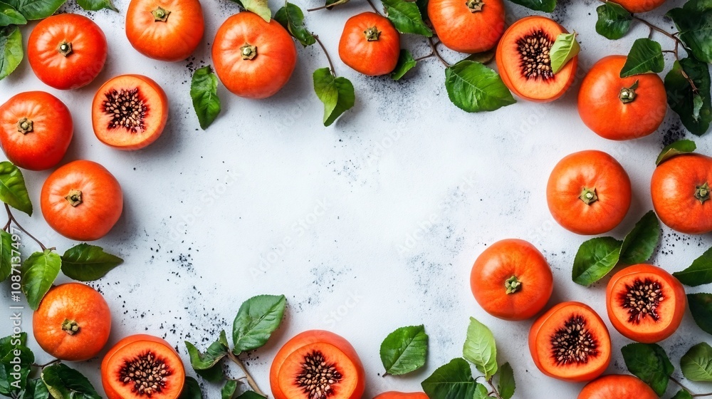 Poster isolated on white background a bright orange persimmon some sliced to reveal their vibrant flesh wit