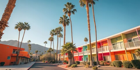 Colorful retro hotel with palm trees and views of a picturesque mountain backdrop on a sunny day