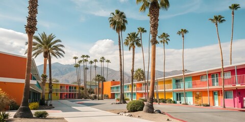 Obraz premium Colorful retro hotel with palm trees and views of a picturesque mountain backdrop on a sunny day