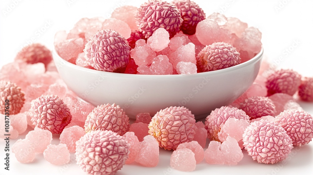 Poster isolated on white background a perfect arrangement of juicy pink lychee fruit with some peeled to re