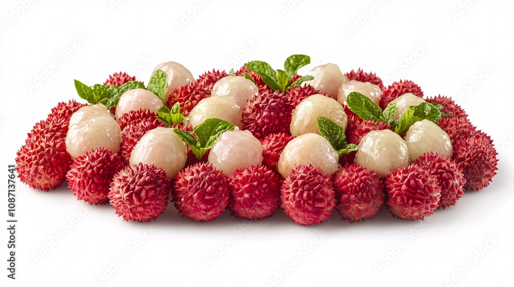 Poster isolated on white background a perfect arrangement of juicy pink lychee fruit with some peeled to re