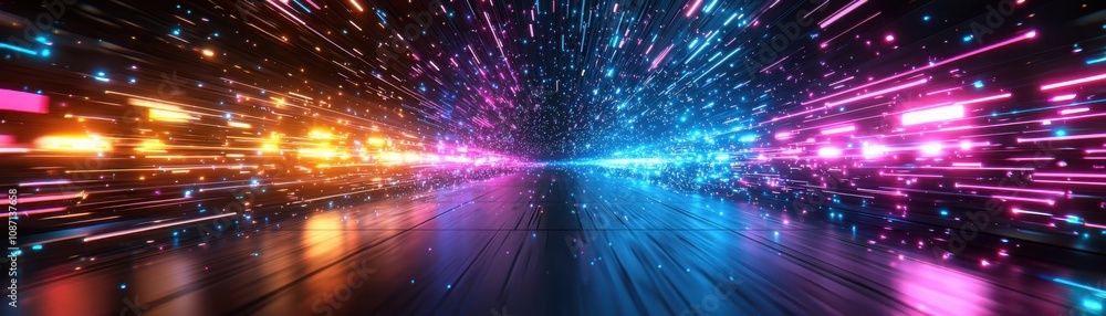 Poster exploring abstract tech architecture in a glowing geometric maze neon visuals digital realm futurist