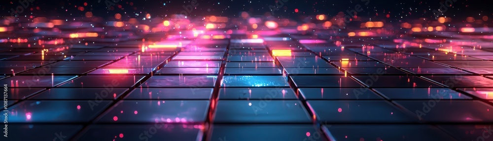 Poster exploration of abstract tech architecture in glowing geometric maze digital realm visualization neon