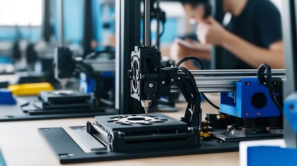 Automated Factory Floor with 3D Printers Producing Parts for Modern Manufacturing