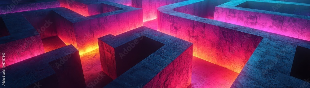 Poster exploring the abstract tech architecture a glowing geometric maze in neon light digital environment 