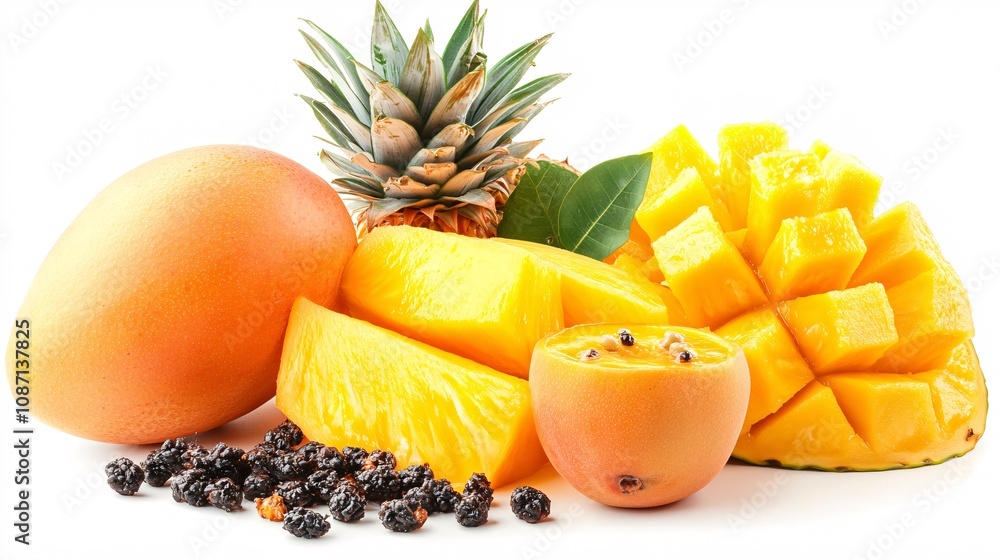 Aufkleber isolated on white background a tropical medley of papayas pineapples and mangoes displayed elegantly